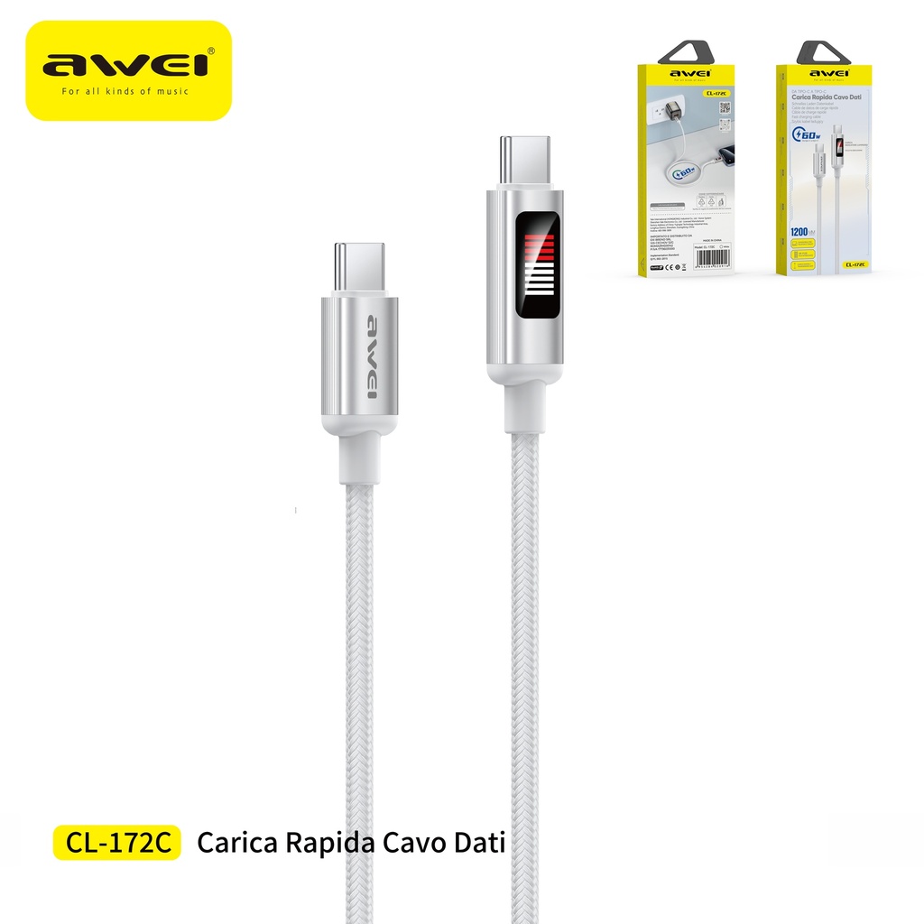 AWEI CL-172C Cavo Type-C a Type-C con Display 10V / 3A 1,2 m