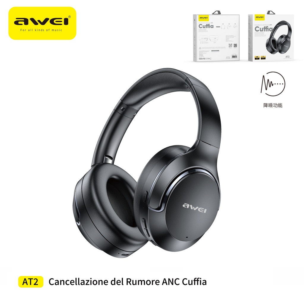 AWEI AT2-ANC Cuffie Over-Ear Stereo Wireless Bluetooth con Cancellazione Rumore Attiva