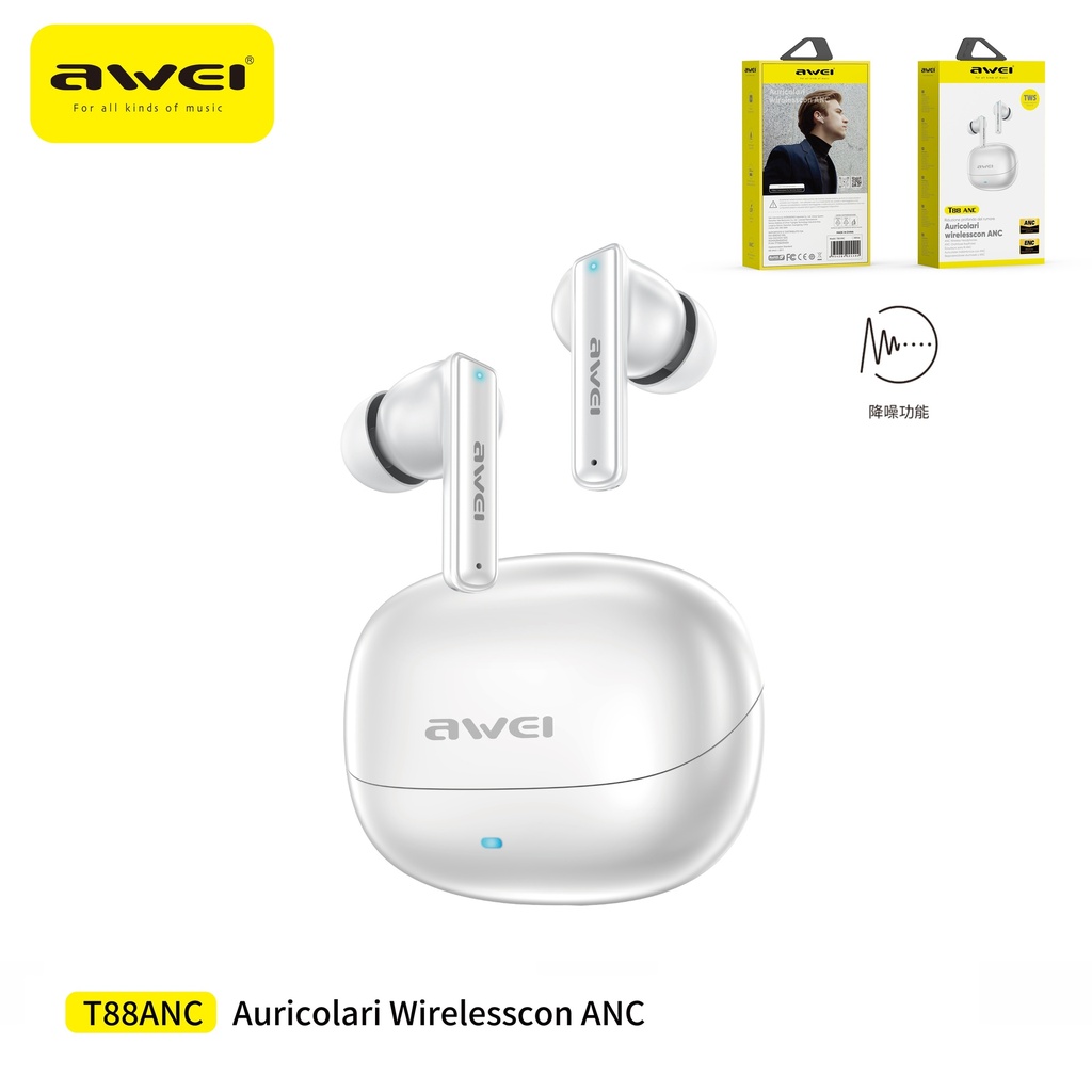 [T88ANC-WH] AWEI T88ANC-WH Auricolari Sportivo True Wireless con Cancellazione Rumore Attiva Bianco