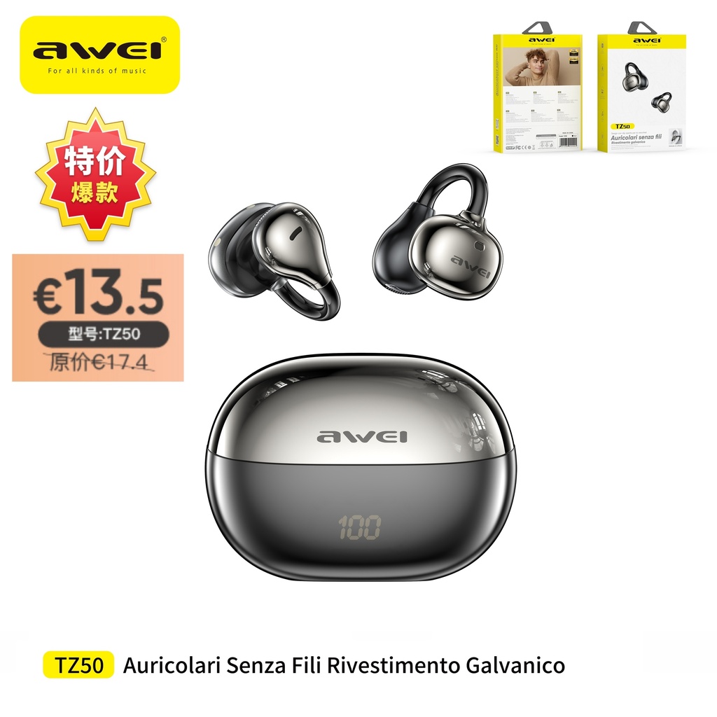 [TZ50-BK] AWEI TZ50-BK Auricolari Bluetooth a Clip Condotta Aria Nero
