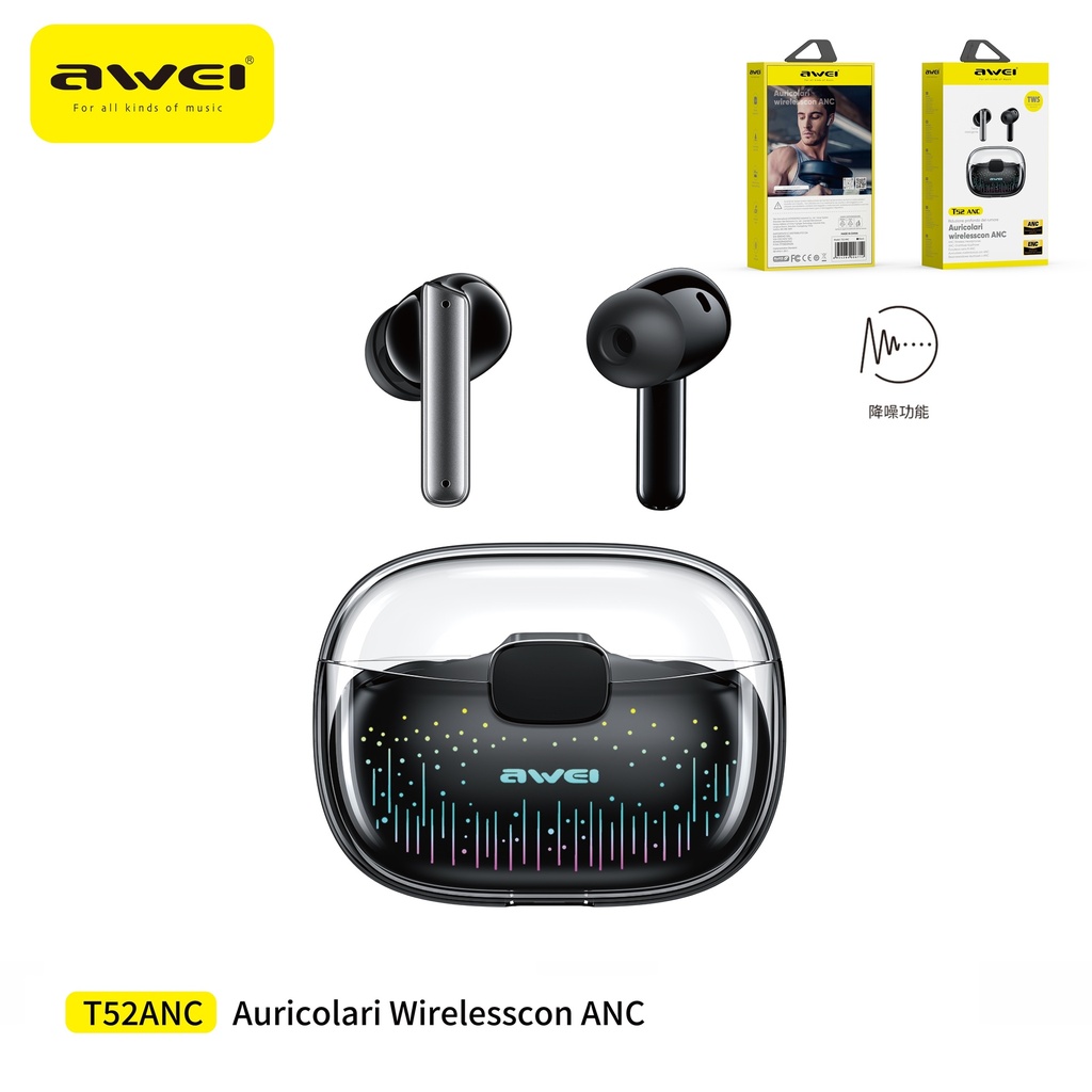 AWEI T52ANC Bluetooth Wireless Auricolari Musicali HIFI con Cuffie A4 Microfoni