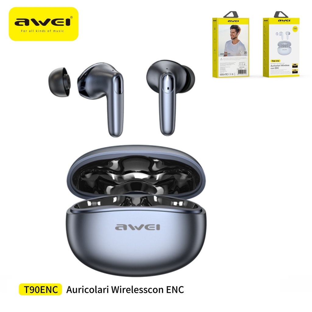 [T90ENC-BK] AWEI T90ENC-BK Auricolari 2 in 1 In-Ear / Open-Ear Nero