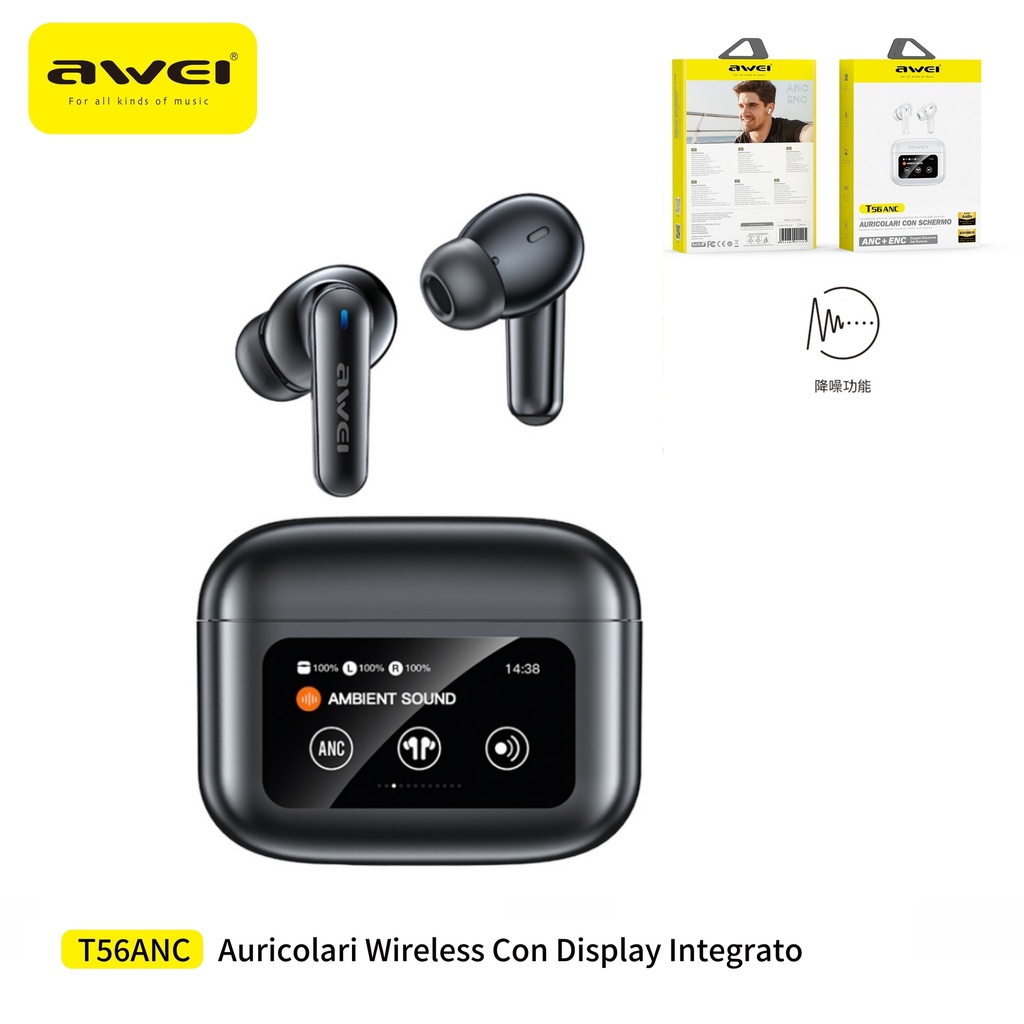 AWEI T56ANC Auricolari True Wireless con Display Multifunzione Nero