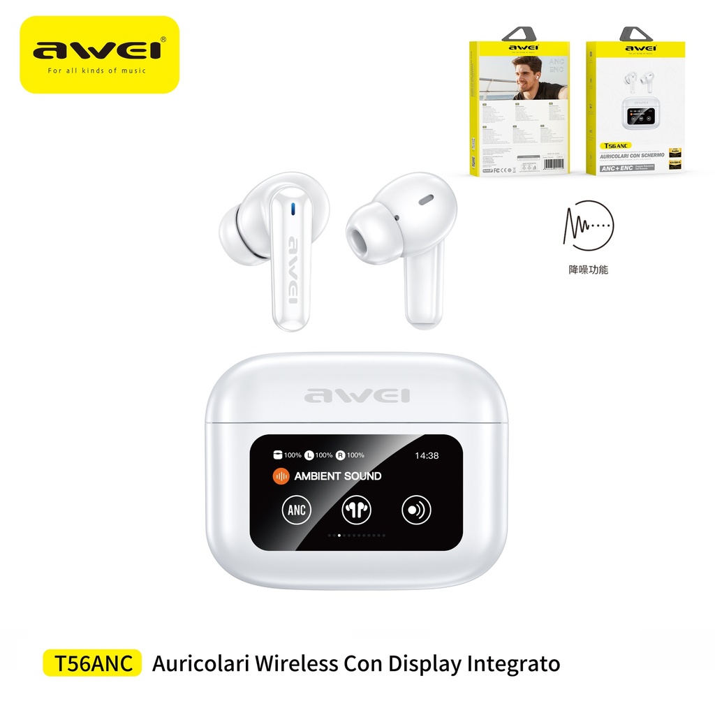AWEI T56ANC-WH Auricolari True Wireless con Display Multifunzione Bianco