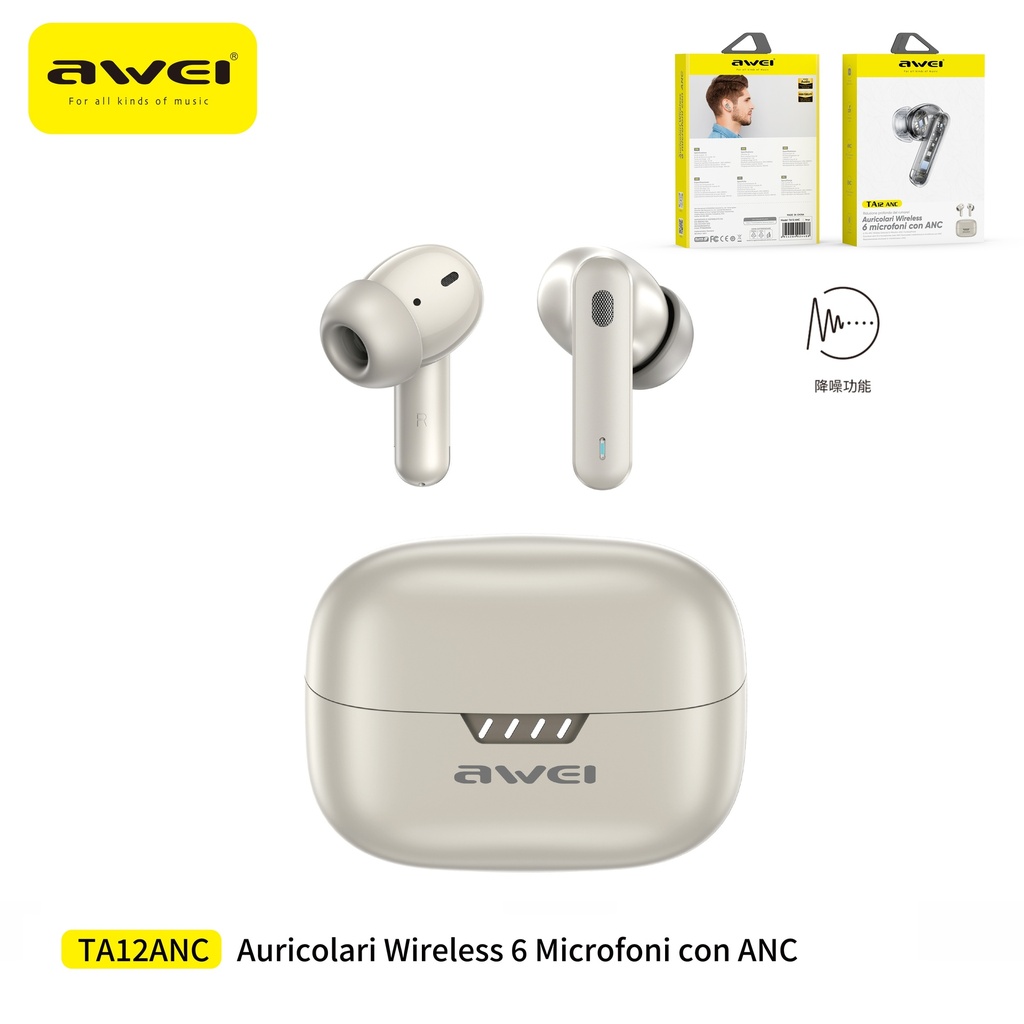 AWEI TA12-WH Auricolari Bluetooth 6 Mic Cancellazione Rumore Attiva