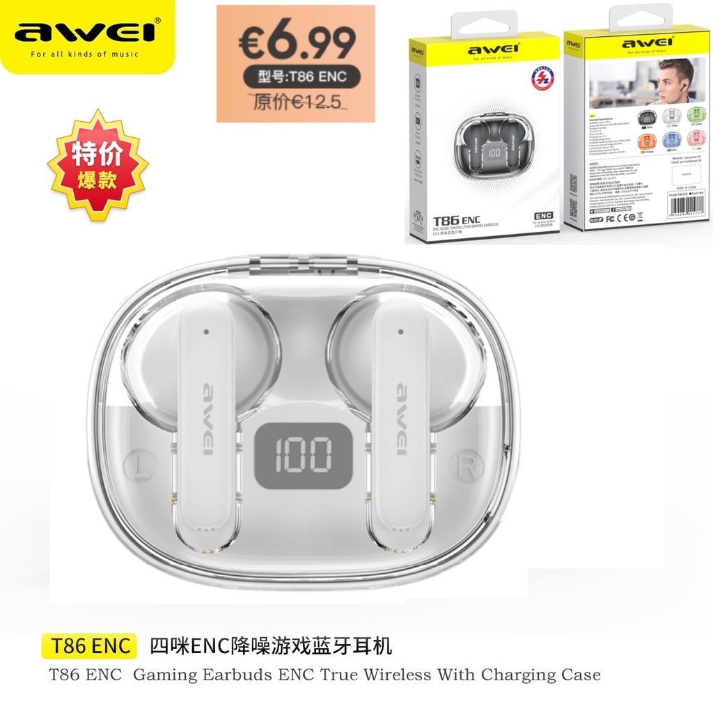 AWEI T86ENCWH ENC Cuffie Wireless Bianco