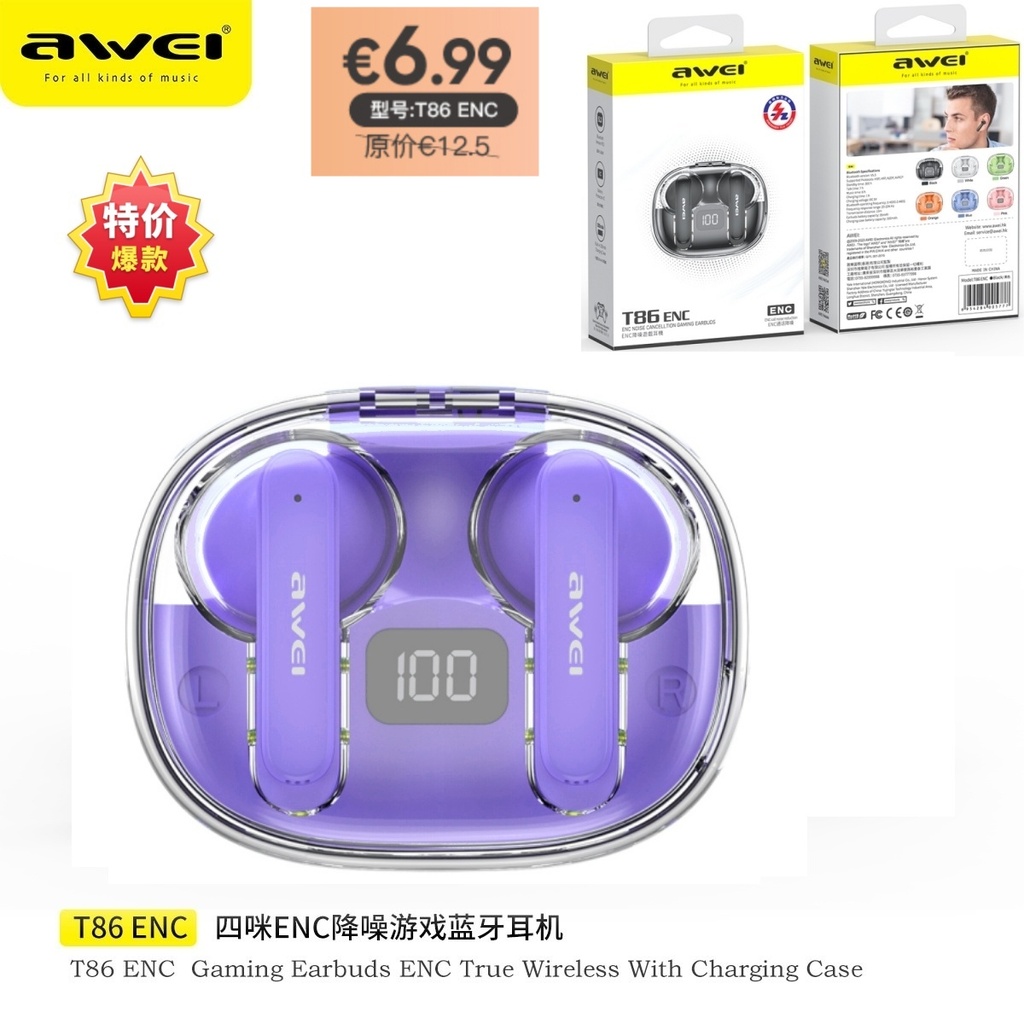 AWEI T86ENCPP ENC Cuffie Wireless Viola