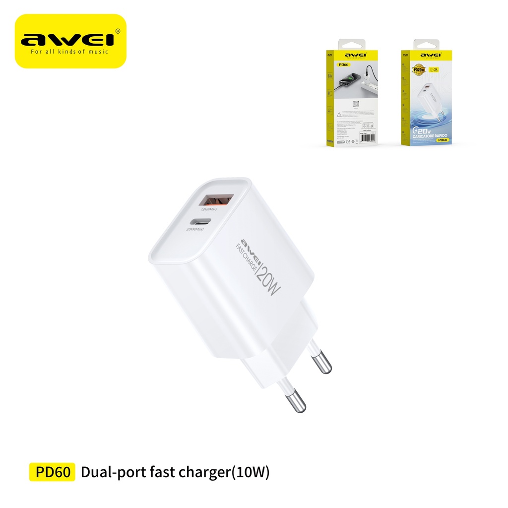 AWEI PD60-EUWH Caricatore a Ricarica Rapida 20W USB + Type-C