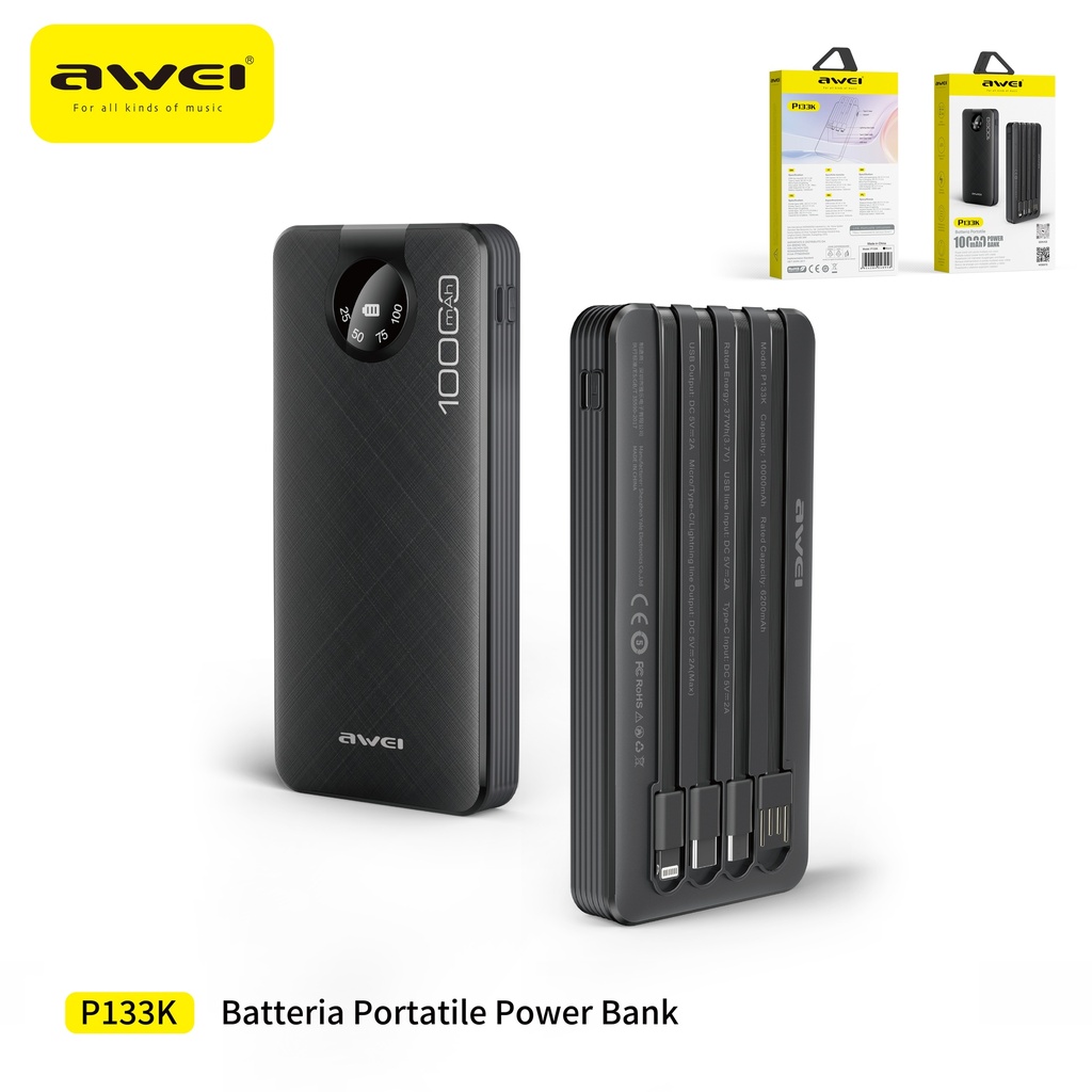 [P133K-BK] AWEI P133K-BK Power Bank con Doppio Cavo 10000 mAh