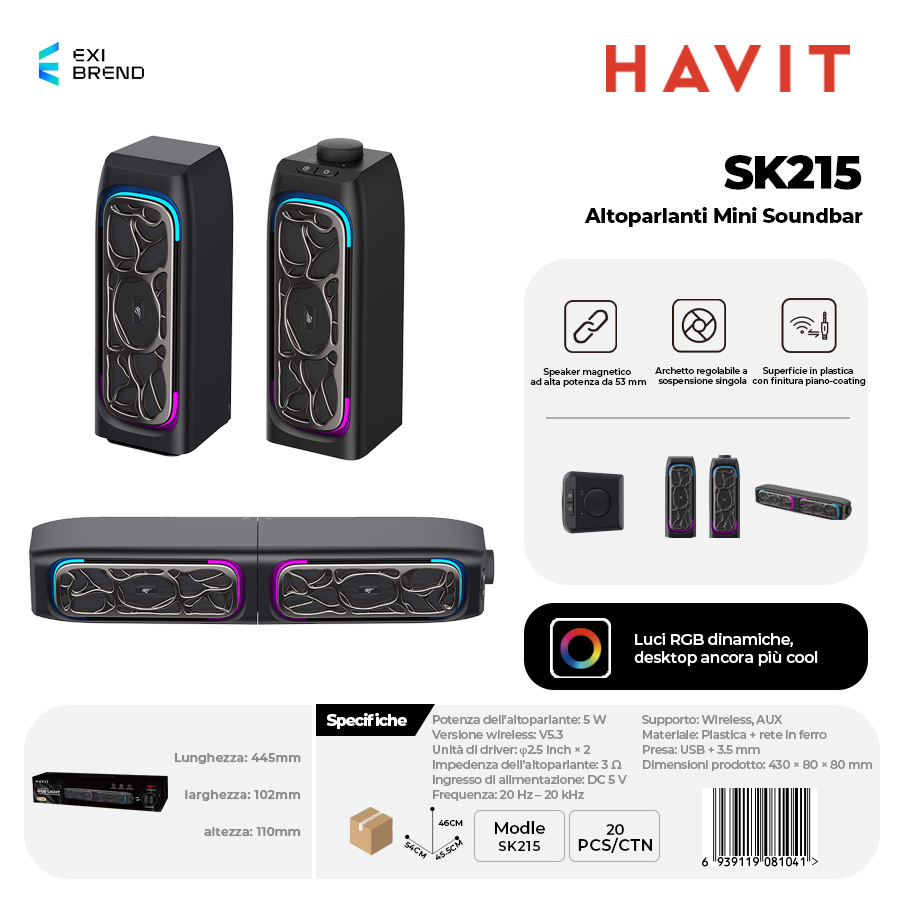 [SK215] HAVIT SK215 Speaker Mini Soundbar con RGB Cavo USB 6W