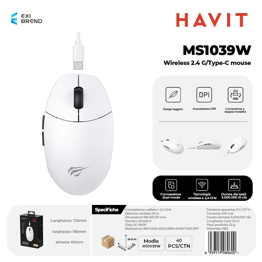 HAVIT MS1039W Wireless 2,4 GHz / Type-C Macro Programming Mouse DPI 800-8000 Peso 48g