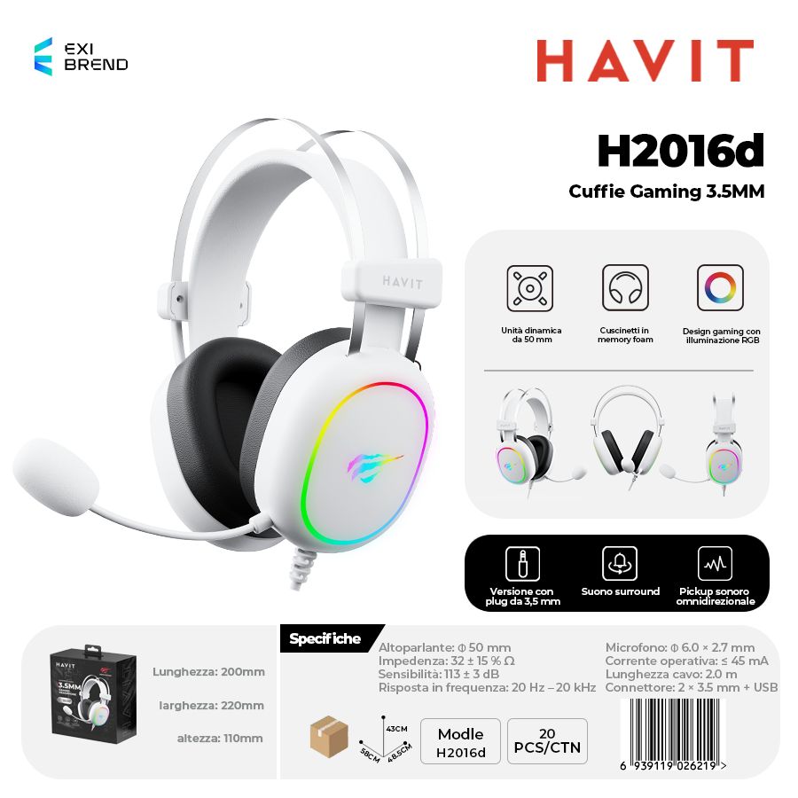 HAVIT H2016d Cuffie Gaming Altoparlante da 50 mm con RGB