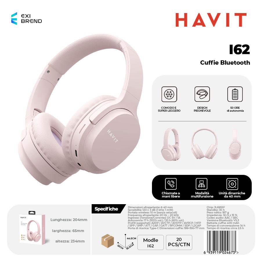 HAVIT I62-PK Cuffie Bluetooth Multimodali Bluetooth / AUX Alt.40 mm 400 mAh