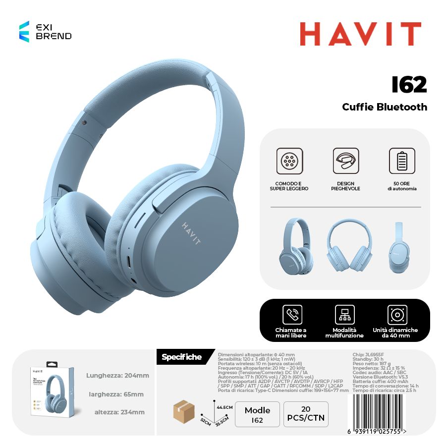 HAVIT I62-BL Cuffie Bluetooth Multimodali Bluetooth / AUX Alt.40 mm 400 mAh