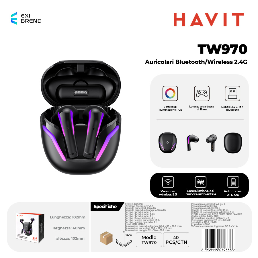 [TW970] HAVIT TW970 Auricolari Bluetooth 5,4 / Wireless 2,4 GHz con RGB e Microfono ENC 400 mAh