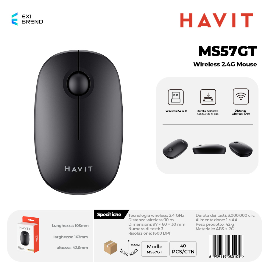 HAVIT MS57GT-BK Wireless 2,4 GHz Mouse DPI 1600 Peso 42g