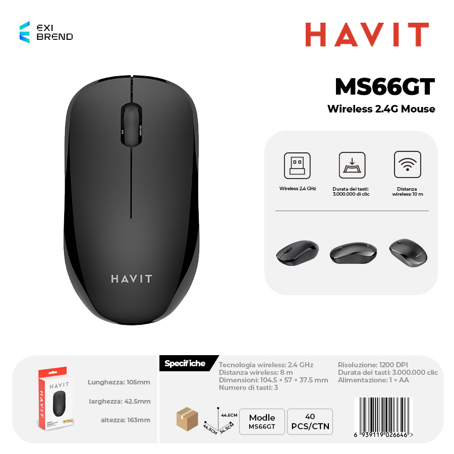 HAVIT MS66GT-BK Wireless 2,4 GHz Mouse 3 Tasti