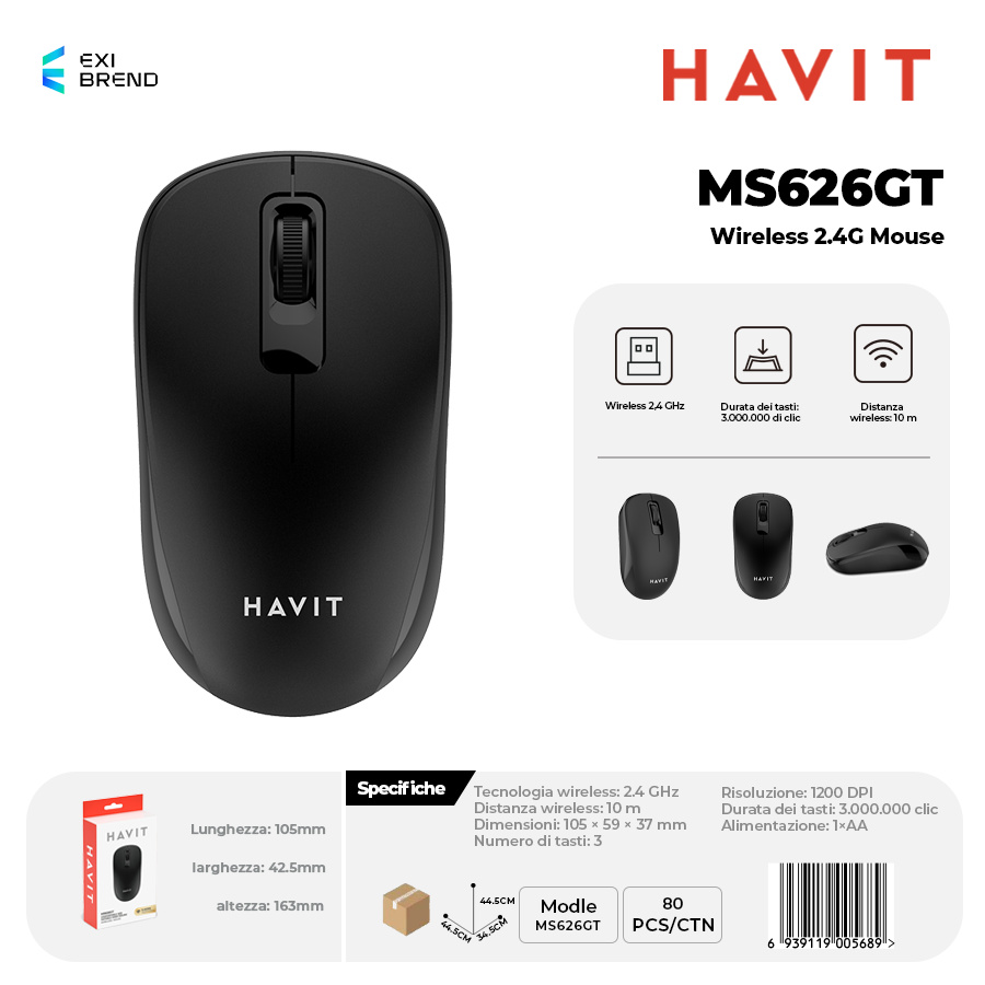 HAVIT MS626GT-BK Wireless 2,4 GHz Mouse DPI 1200 3 Tasti