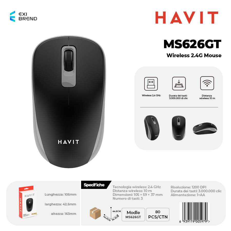 HAVIT MS626GT-GY Wireless 2,4 GHz Mouse DPI 1200 3 Tasti