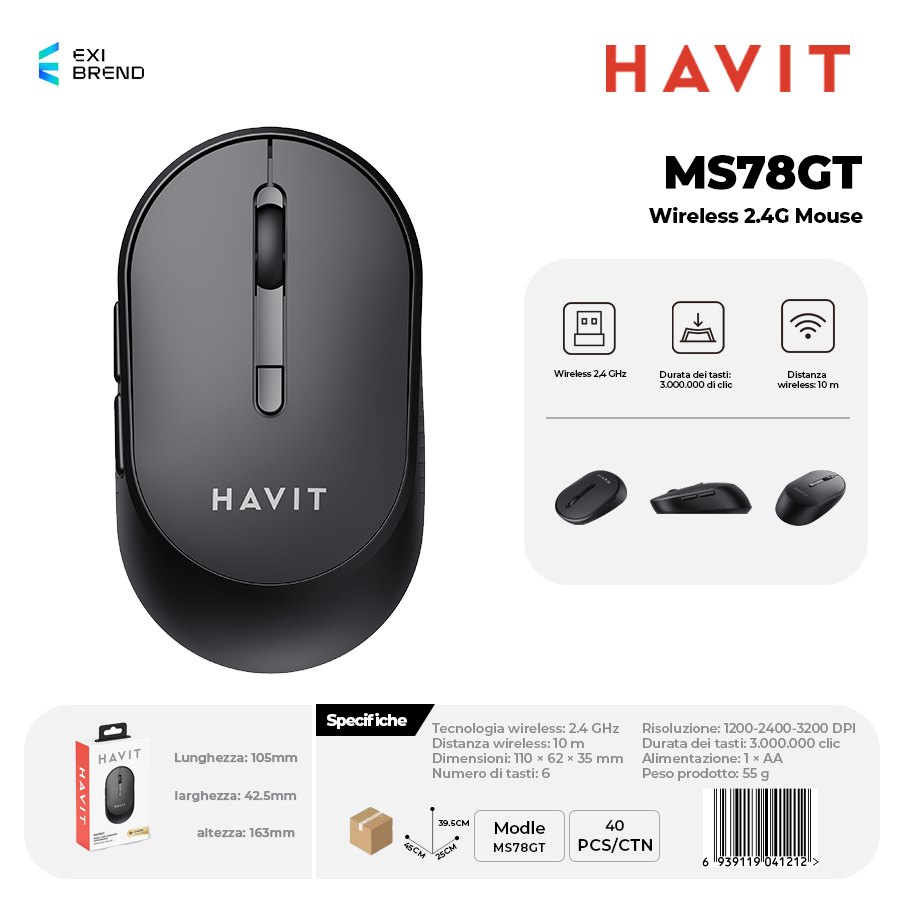 HAVIT MS78GT Wireless 2,4 GHz Mouse 6 Tasti DPI Regolabile 1200-3200