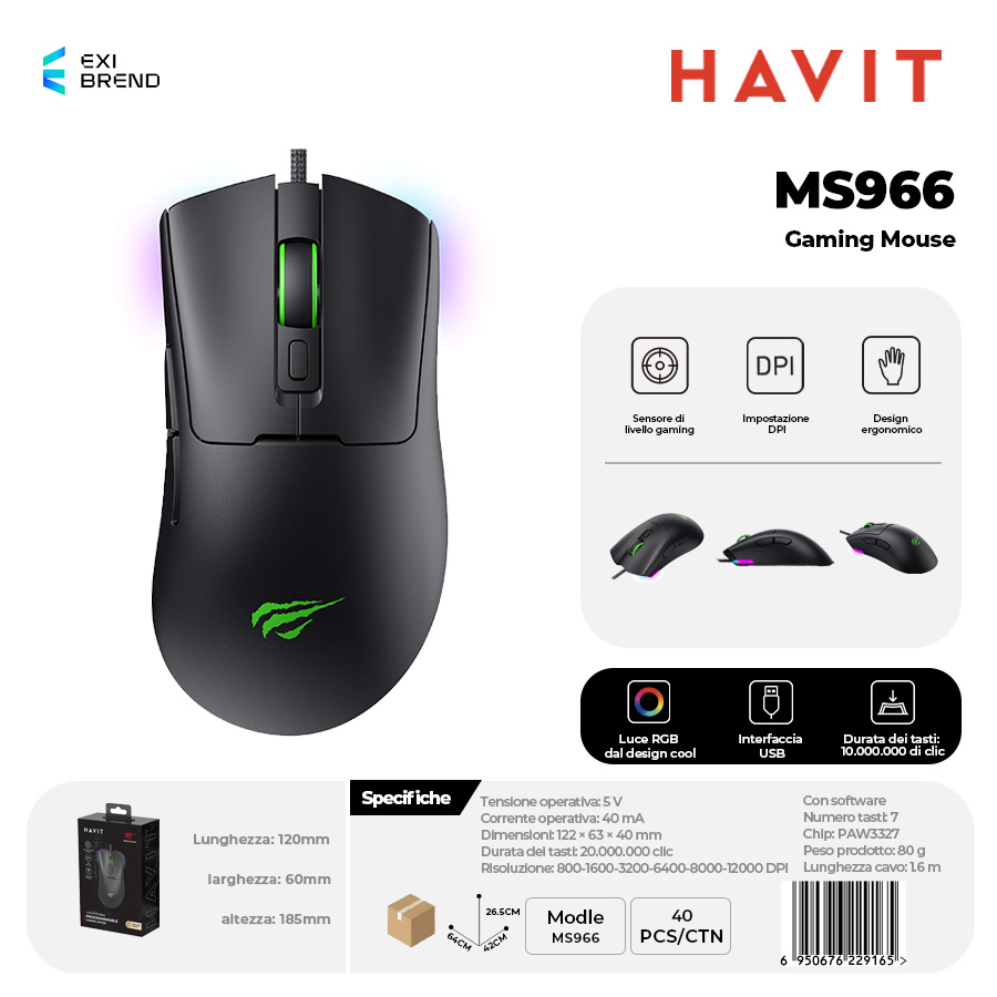 HAVIT MS966-BK Mouse Gaming con RGB DPI Fino 12000 7 Tasti Macro Programming