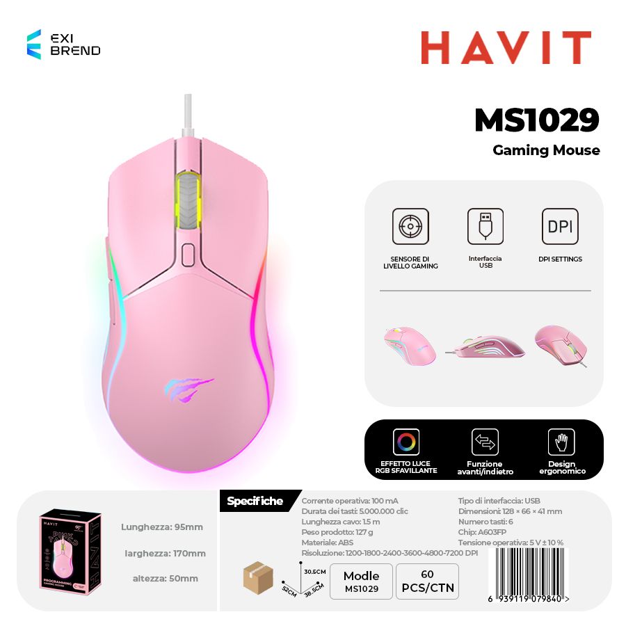 HAVIT MS1029-PK Mouse Gaming con RGB e 7 Tasti Macro Programming Alta Precisione