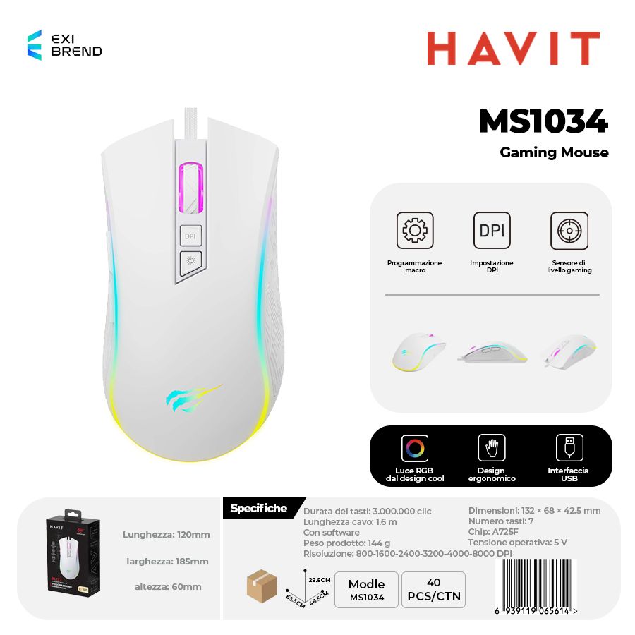HAVIT MS1034 Mouse Gaming con RGB e 7 Tasti Macro DPI 800-4800 144g