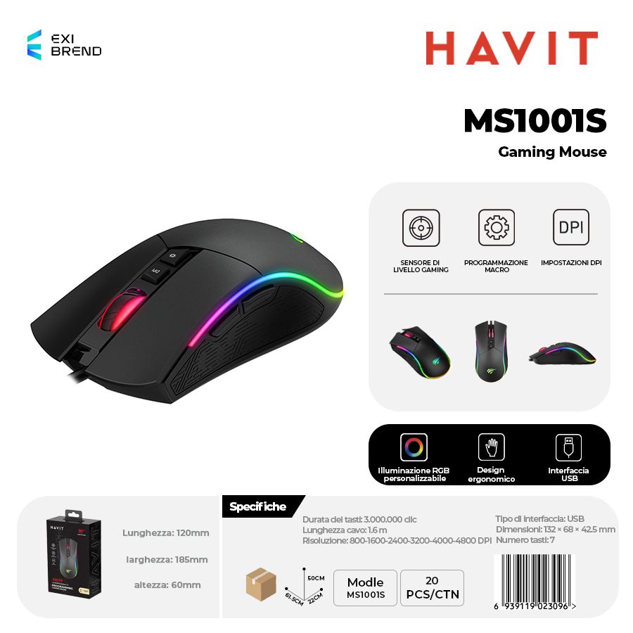 HAVIT MS1001S Mouse Gaming con RGB DPI Switch 800-1600-2400-3200-4000-4800