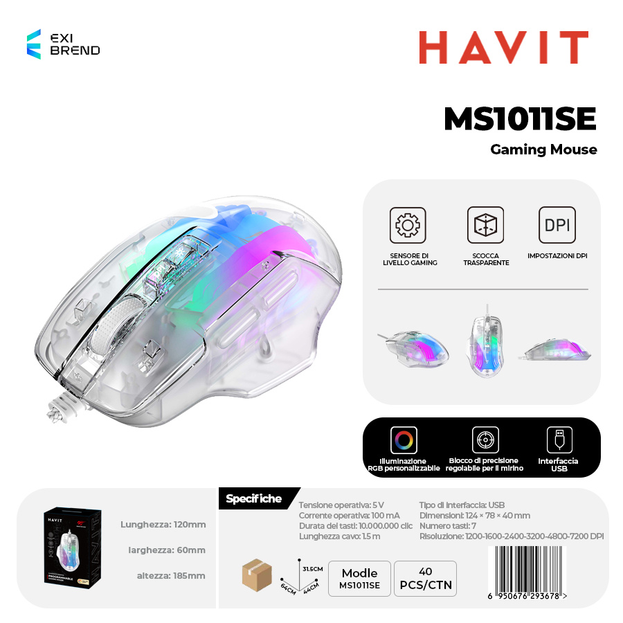 HAVIT MS1011SE Mouse Gaming Trasparente con RGB Regolabili