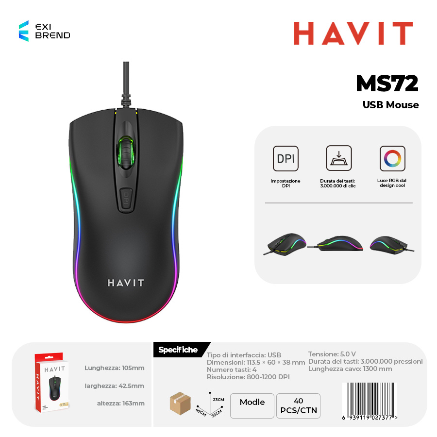 HAVIT MS72-BK Mouse USB RGB Regolabile