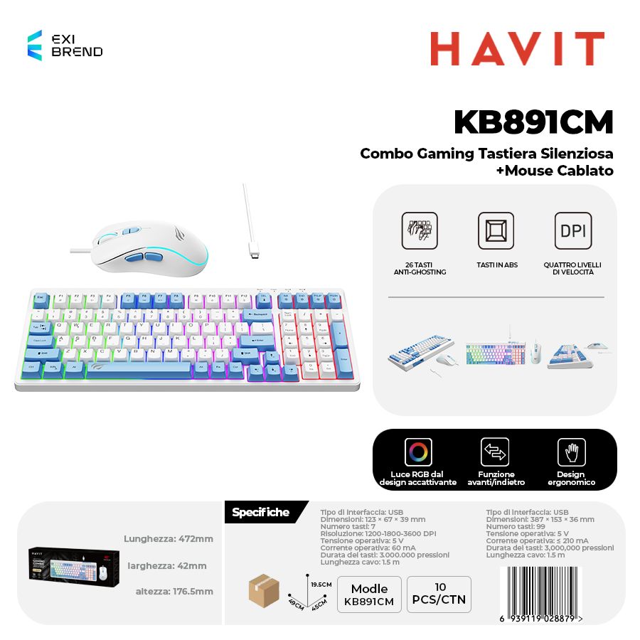 HAVIT KB891CM Combo Gaming Tastiera Silenziosa + Mouse DPI Regolabili Cablato