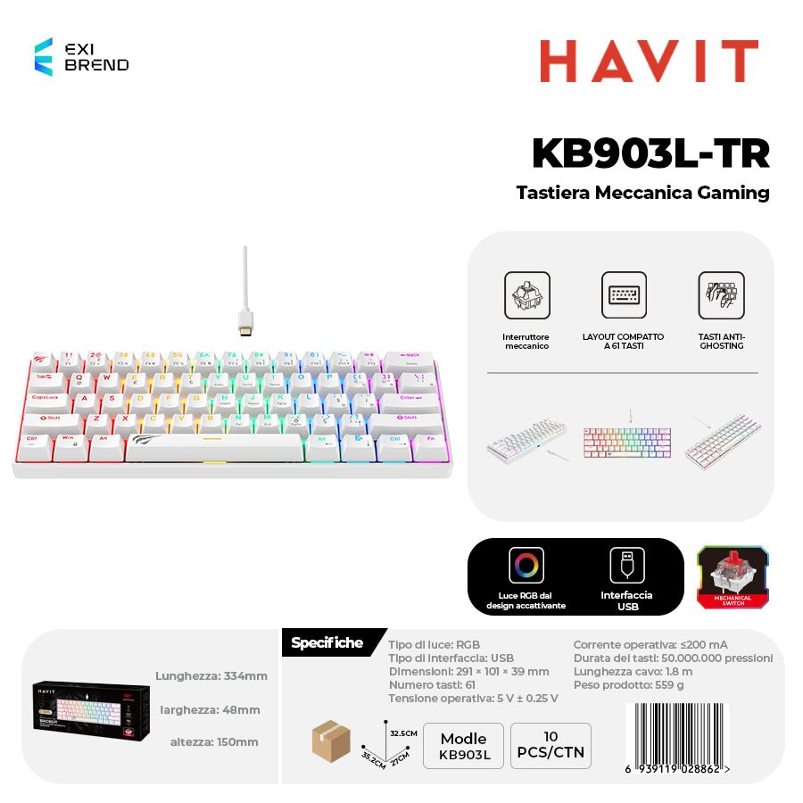 HAVIT KB903L-WH Tastiera Meccanica Gaming RGB Regolabili Rosso Switch