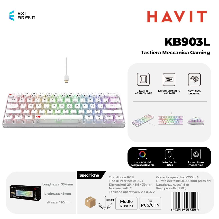 HAVIT KB903L-TR Tastiera Trasparente Meccanica Gaming RGB Regolabili Bianco Switch
