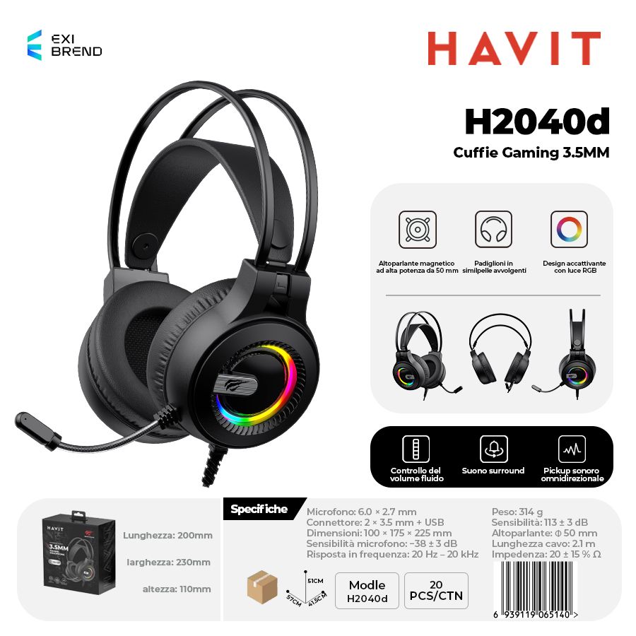 HAVIT H2040d Cuffie Gaming Altoparlante da 50 mm con RGB e Microfono
