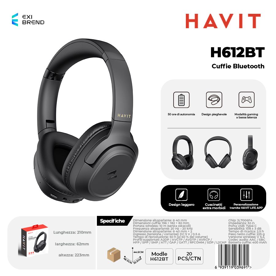 HAVIT H612BT-BK Cuffie Bluetooth 5,4 Peso 225g