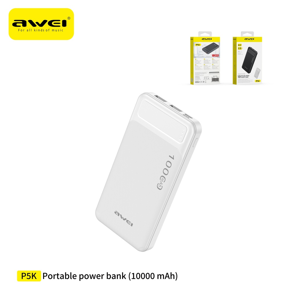 AWEI P5K-WH Power Bank USB in Polimero Nero 10000 mAh