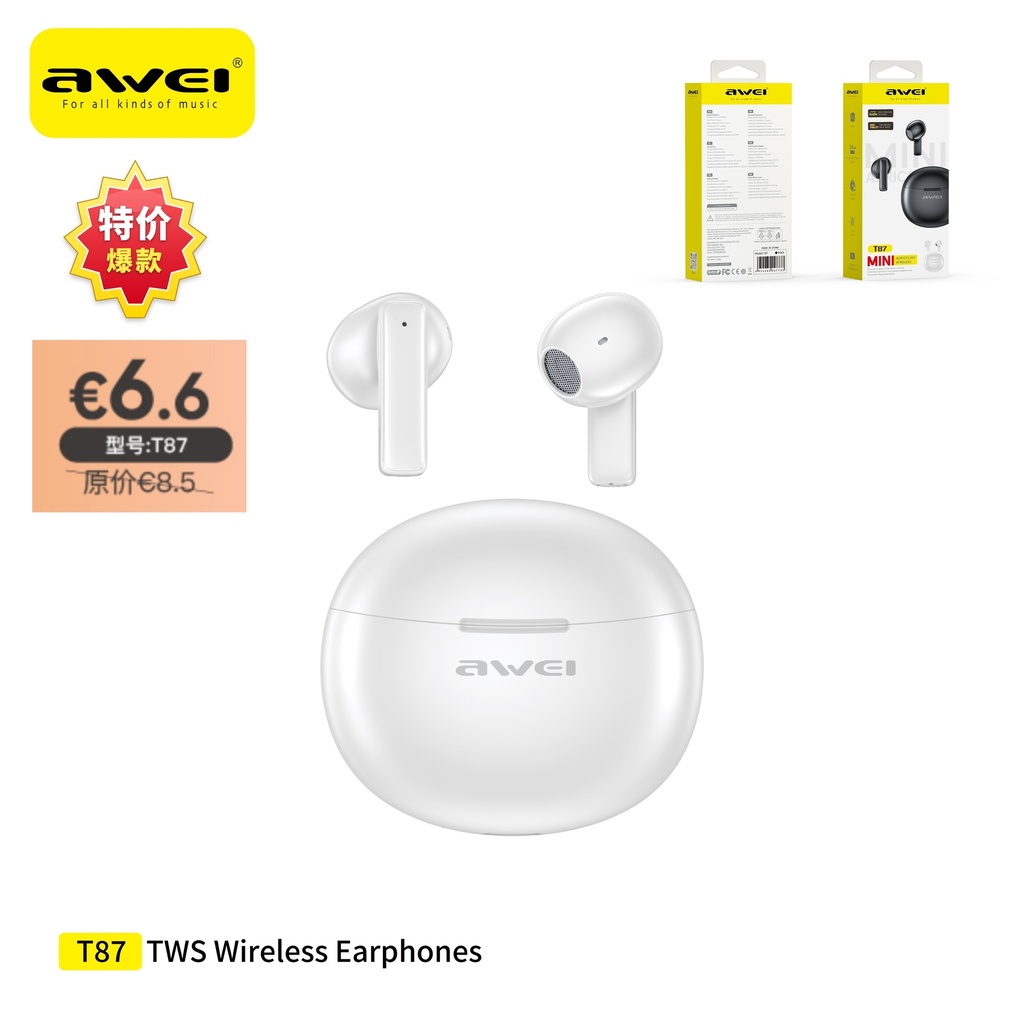 [T87-WH] AWEI T87-WH Auricolari Sportivo True Wireless