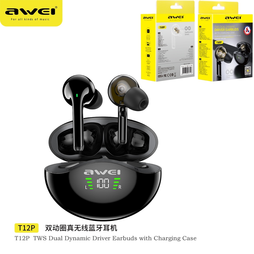 [T12P] AWEI T12P Cuffie Impermeabile Wireless Nero